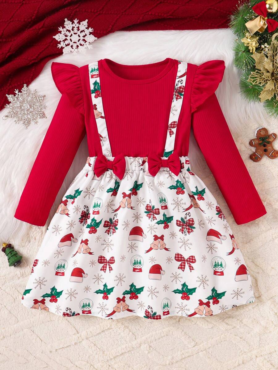 Girls' Christmas Ruffle Bow Dress With Snowman, Candy Cane, Christmas Tree Print, Holiday Outfit - Red - View 1