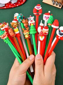 10 支随机圣诞凝胶笔套装，可爱的节日设计，卡通圣诞老人、雪人、驯鹿、树顶装饰、黑色墨水、办公文具中性笔，理想的节日派对礼物 - 彩色 - 查看 1
