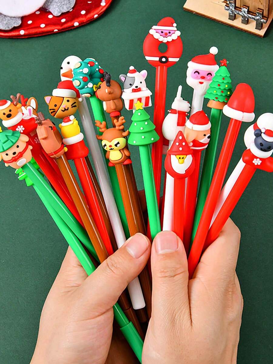10 支随机圣诞凝胶笔套装，可爱的节日设计，卡通圣诞老人、雪人、驯鹿、树顶装饰、黑色墨水、办公文具中性笔，理想的节日派对礼物 - 彩色 - 查看 1