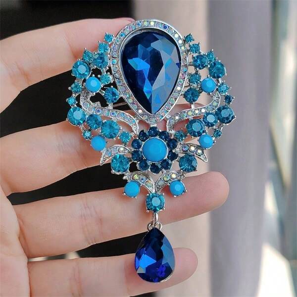 Vintage Style Crystal Brooch, Rhinestone Inlaid Metal Alloy Colorful Pendant Brooch Accessory
