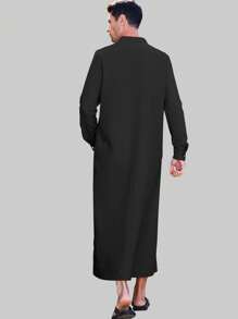 Men's Long Sleeve Henley Collar Linen Robe, Arab Caftan With Attached Loop (Sleeve Tabs) - Black - View 3