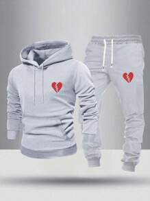 Men's Thin Hoodie And Sweatpants Set, Regular Fit, Personalized Printed Pattern, Fashion Casual Outfit With Pockets And Drawstring Waist, Suitable For Husband Or Boyfriend Gift, Street, Commute, Outdoor Use - 淺灰色 - 查看 1
