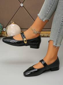 Große Größen Ballett-Stil schwarze Mary Jane Flache Schuhe, Flacher Absatz Riemen-Schnalle Lässig Arbeitsschuhe, Schlichte elegante Büro Loafers, Quadratische Spitze Uniform Schuhe, Metalldekoration Bequeme Pumps mit niedrigem Absatz, Plateauabsatz Weiche Veloursleder Flats - Schwarz - Übersicht 4