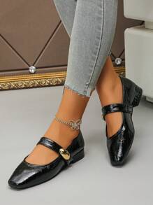 Große Größen Ballett-Stil schwarze Mary Jane Flache Schuhe, Flacher Absatz Riemen-Schnalle Lässig Arbeitsschuhe, Schlichte elegante Büro Loafers, Quadratische Spitze Uniform Schuhe, Metalldekoration Bequeme Pumps mit niedrigem Absatz, Plateauabsatz Weiche Veloursleder Flats - Schwarz - Übersicht 5