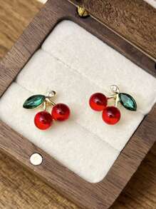 A Pair Of 18K Stainless Steel Plated Red Cherry Stud Earrings For Women, Small And Versatile, Suitable For Parties, Dates, Working Professionals, And Holiday Wear. - Multicolor - View 3