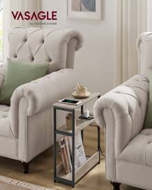 VASAGLE Mesa Auxiliar con Multienchufe, Mesa Auxiliar Estrecha con 3 Estantes, Mesa para Espacios Pequeños con Revistero, para Salón, Dormitorio, Estudio, Greige Melange y Negro Tinta - Gris - Ver 1