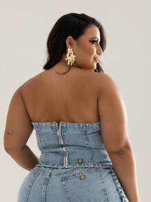 Plus Size Straight Jeans Shorts And Cropped Corset Plus Set - Rửa nhẹ - Xem 7