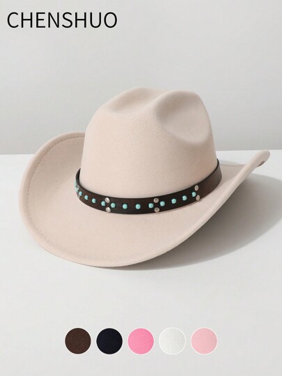 1pc Women Solid Color Western Cowboy Hat With Rivet Turquoise Belt Decor, Suitable For Music Festivals, Western Themed Events, Vintage Parties, Cosplay, Holiday Celebrations, Dance Performances, Birthday Parties, And Everyday Wear