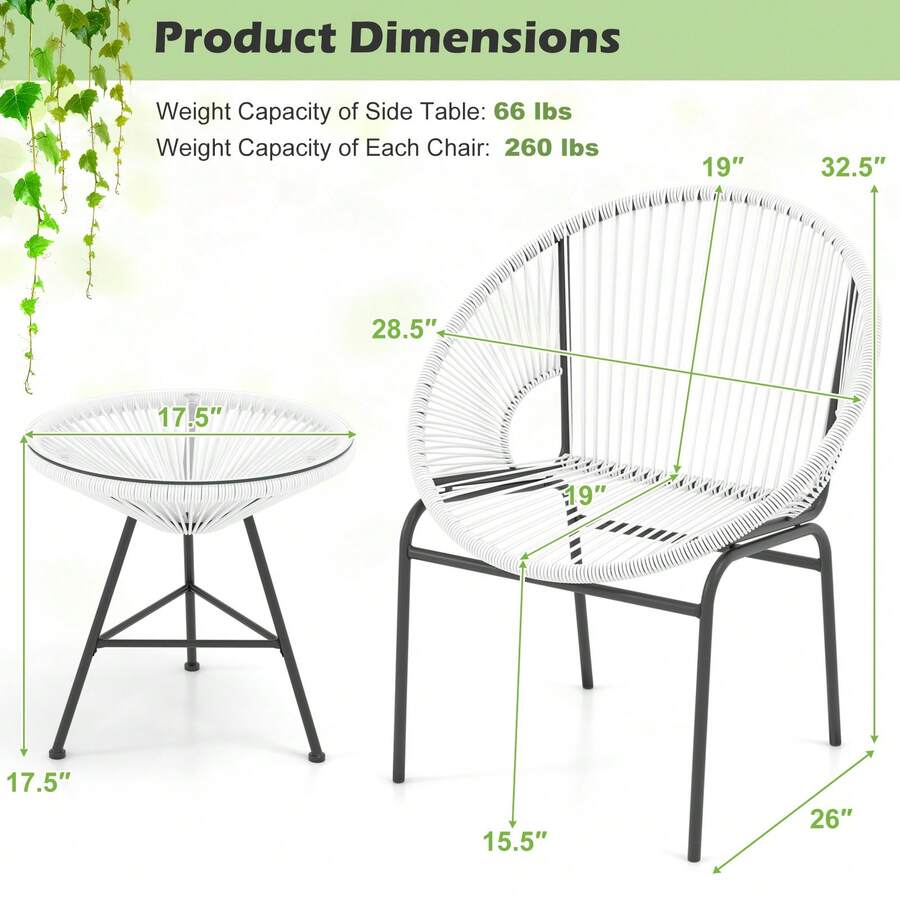 3 Piece Modern Outdoor Patio Seating Set With Ergonomic Backrest Chairs