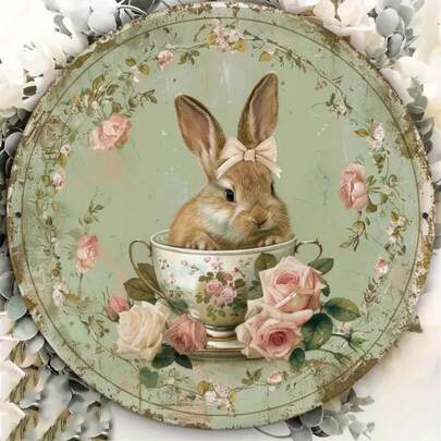 20.32x20.32厘米装饰盘，复古兔子茶杯图案，适用于室内或室外，孔位随机。