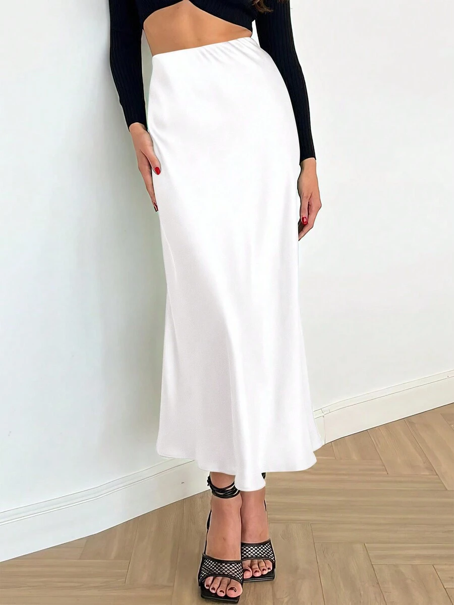 Women's Satin Silk High Waist Flare A-Line Midi Skirt Solid Color Spring Summer Fall Autumn Skirt Cocktail Valentine Day Wedding Elegant Valentine Midi Skirt - 白色 - 查看 1