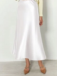 Women's Satin Silk High Waist Flare A-Line Midi Skirt Solid Color Spring Summer Fall Autumn Skirt Cocktail Valentine Day Wedding Elegant Valentine Midi Skirt - 白色 - 查看 4