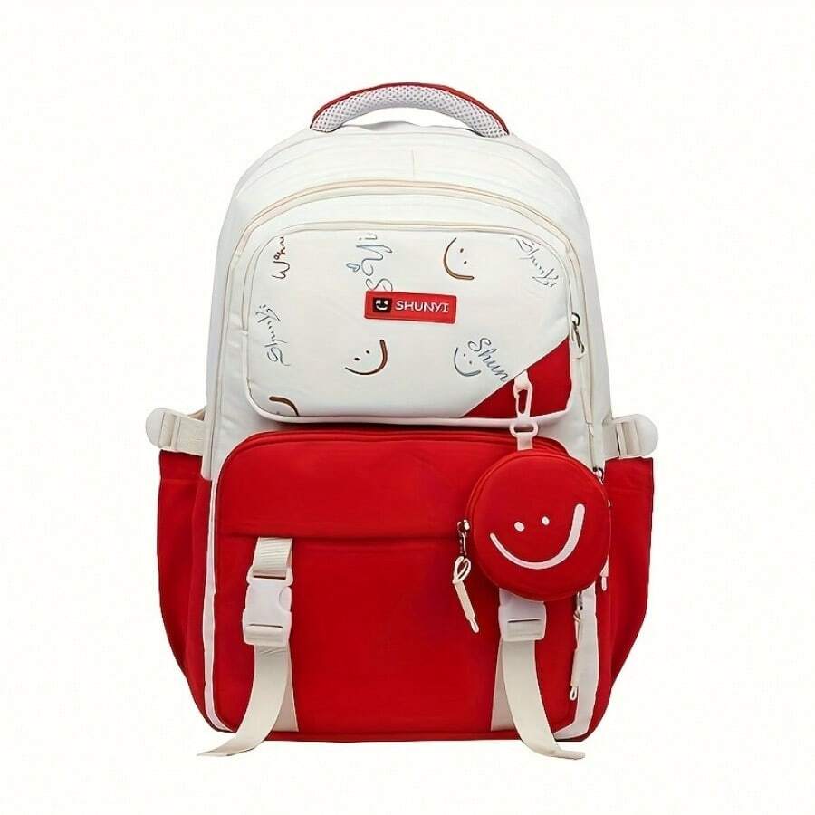 Large Capacity Student Bag, Multiple Pocket Preppy Backpack Travel Backpack, Nylon Backpack For Men And Women - Red - View 1