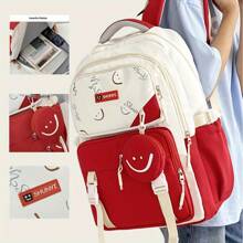 Large Capacity Student Bag, Multiple Pocket Preppy Backpack Travel Backpack, Nylon Backpack For Men And Women - Red - View 2