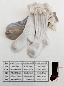 3 Pairs Kids Simple Lace Solid Color Knee-High Socks, Sweet & Cute Pastoral Style, Suitable For Daily Life - Multicolor - View 3