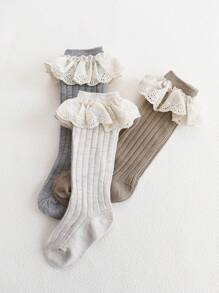 3 Pairs Kids Simple Lace Solid Color Knee-High Socks, Sweet & Cute Pastoral Style, Suitable For Daily Life - Multicolor - View 4