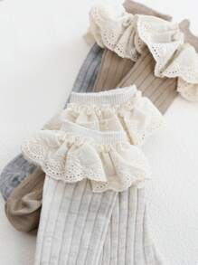 3 Pairs Kids Simple Lace Solid Color Knee-High Socks, Sweet & Cute Pastoral Style, Suitable For Daily Life - Multicolor - View 7