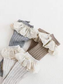 3 Pairs Kids Simple Lace Solid Color Knee-High Socks, Sweet & Cute Pastoral Style, Suitable For Daily Life - Multicolor - View 5