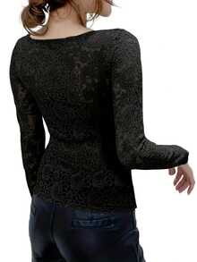 女士蕾丝长袖衬衫秋冬新款时尚修身性感百搭方领上衣