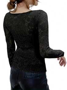 Blusa feminina de renda manga longa outono/inverno novo estilo chique slim fit sexy versátil gola quadrada