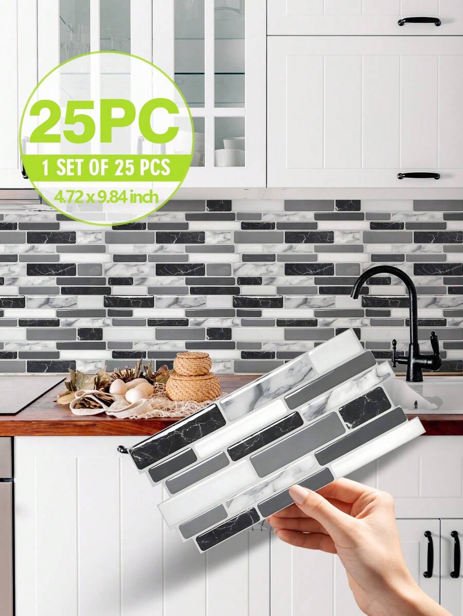 SUPSTICKER 25 件厨房防溅贴纸：大理石图案，易于清洁防水防油耐磨耐高温即撕即贴墙贴，适用于厨房和餐厅装饰，浴室防水墙贴，25 件 * 9.84x4.72 英寸，贴纸，墙贴，乙烯基贴花用于家居装饰，春季装饰品让您的家焕然一新，Rama 装饰贴纸礼物生日毕业