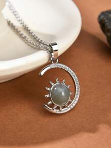 1pc Natural Crystal & Stone Crescent Moon Necklace For Women - Multicolor - View 11