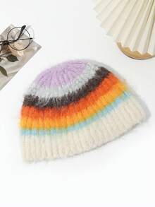 1 chiếc mũ len dệt kim sọc Dopamine Colorblock mới cho phụ nữ, ấm áp và thích hợp để mặc ngoài trời vào mùa thu/đông - Nhiều màu - Xem 2