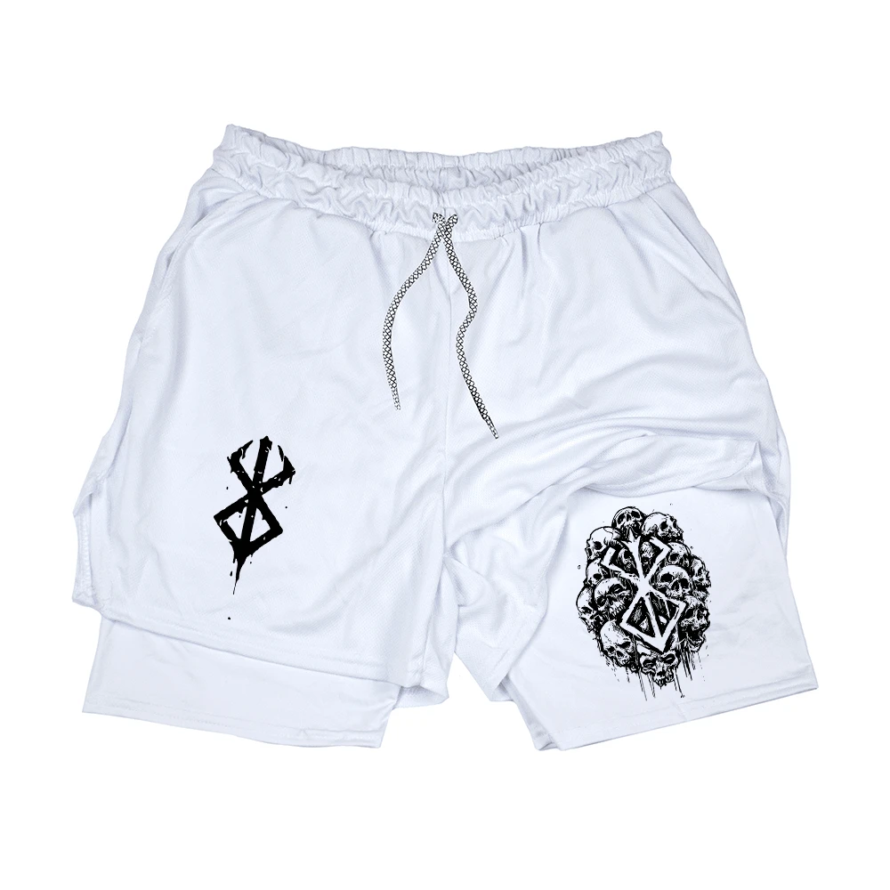 Men's Dry Fit 2 In 1 Compression Shorts Sacrifice Brand Skull Black And White Skull Anime Gym - 白色 - 查看 1