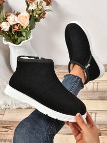 Botas de tobillo acanalado con cremallera lateral para mujer, cómodas y cálidas botas de nieve con forro térmico y mullido espeso para uso en interiores y exteriores en invierno - Negro - Ver 8