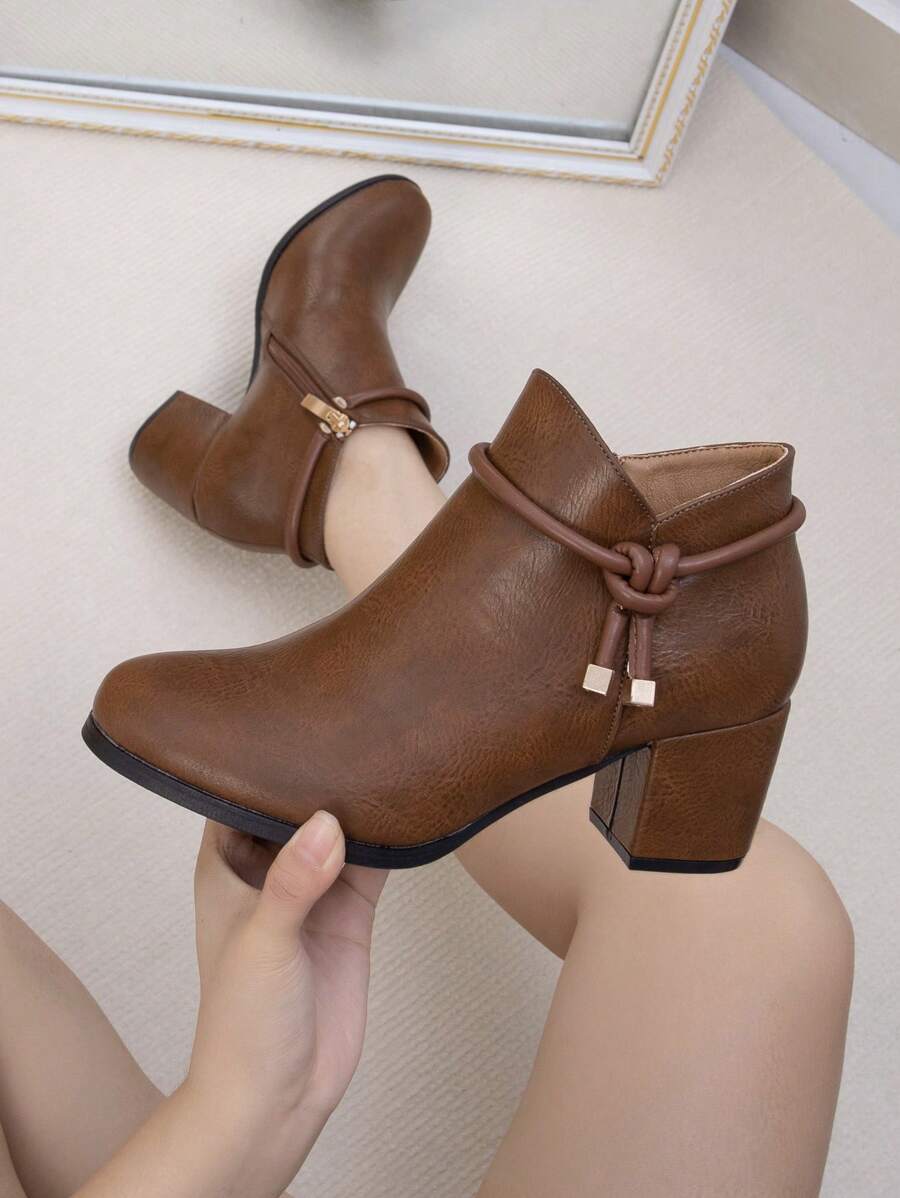 Giày bốt ngắn thời trang nữ, Giày bốt, Giày bốt ngắn gót dày màu trơn, Giày bốt ngắn đế giữa, Thu/Đông, Thêm nhung, Giày bốt cho nữ - Cà phê nâu - Xem 1