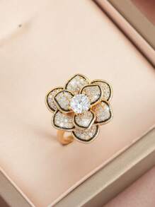 Copper Zirconia Stone Big Flower Ring, Fashion Adjustable Knuckle Ring Suitable For Party, Daily Wear And Holiday Gift