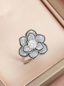 Copper Zirconia Stone Big Flower Ring, Fashion Adjustable Knuckle Ring Suitable For Party, Daily Wear And Holiday Gift