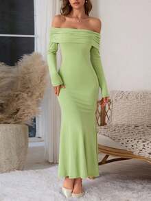 WOWDARK Women Fall One Shoulder Ruched Long Sleeve Fishtail Party Dress - Green - View 1