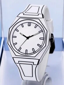 PINTIME 1 Pc Men's Quartz Watch With Octagonal Dial, Silicone Strap, Water-Resistant, Luminous, Fashionable Business Calendar Watch Suitable For All Occasions - White - View 4
