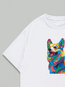 Dog Print T-Shirt Colorful Drawing Men's Shirt Unisex Casual Comfort Premium Cotton Loose Versatile Sophisticated Modern Breathable Soft - trắng - Xem 4