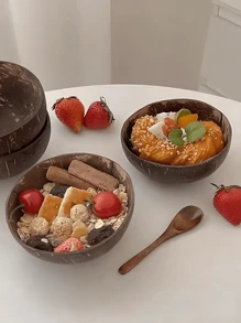 天然材料椰子碗，用于盛放酸奶、燕麦、沙拉和甜点，家用餐具，天然木碗配勺子，厨房，圣诞节 - 彩色 - 查看 7