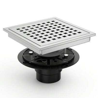 6 Inch Square Shower Floor Drain With PVC Shower Drain Base, SUS 304 Stainless Steel, Quadrato Pattern Grate Removable