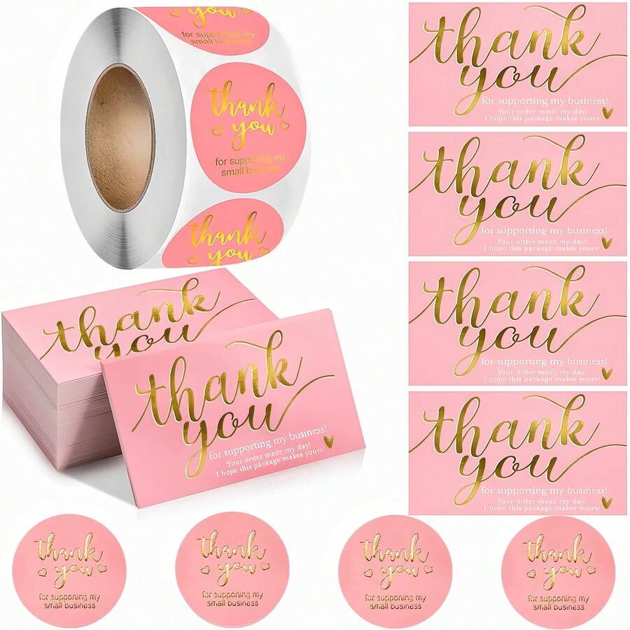 600pcs Thank You Support Me Mini Card & Sticker Set - Pink Gold Foil Thank You Cards For Retail Packaging, Insert Card, Envelop Sealing, Entrepreneur & Sellers