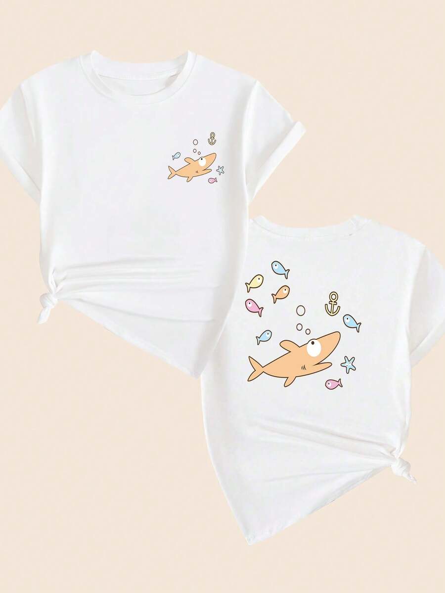 Cartoon T-Shirt Cotton Basic T-Shirt Printed Shark Design Comfort Short Sleeve Summer Sweet Sexy Sophisticated Versatile Hot Girl Tight Elegant Comfortable - trắng - Xem 1