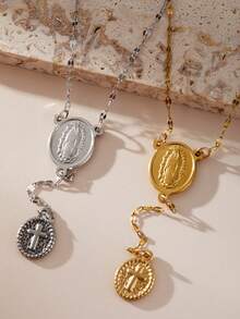 1 件时尚金色/银色圣母玛利亚宗教吊坠不锈钢项链，百搭，适合女性 - 橢圓項鍊 - 查看 1