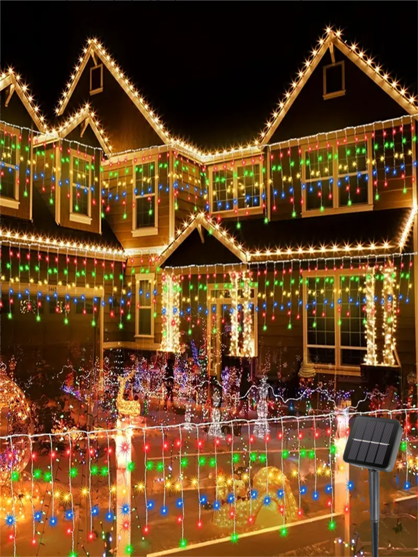 1 pieza Luz de cortina solar en forma de pilar de hielo, 96 LED, 8 modos, luz de patio, luces decorativas solares para patio, decoración interior para cobertizo del árbol, luz de hadas para decoración de Halloween, Acción de Gracias, árbol de Navidad, decoración del hogar, fiesta, vacaciones, festival, dormitorio