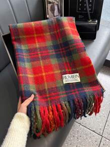 1 件女士加厚毛绒羊毛双面仿羊绒流苏针织围巾优雅时尚保暖披肩围巾女男士 - 紅色 - 查看 2