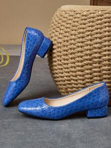 1 Pair Women's Fashion Square Toe Low Vamp Leopard Print Pumps, Suitable For Holiday Travel, Shopping, Outdoor, Retro Casual Blue High-End Stylish Slip-On Shoes