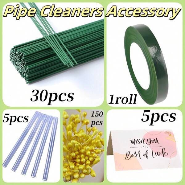 191 Pipe Cleaners Accessory Kit, Include 30pcs Coated Green Floral Flower Stem Wire, 1 Roll Of Green Gardening Tape, 5 Hot Melt Sticks And 5 Gift Card, 150pcs Base Map And 50pcs Yellow Flower Core, Pipe Cleaner Flowers Crafts, Bouquet Handmade DIY Material Package