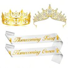 2同学聚会王子公主皇冠腰带+2球场腰带缎面腰带国王王后服装配饰毕业男女成人皇冠派对服装生日 - 多色 - 查看 1