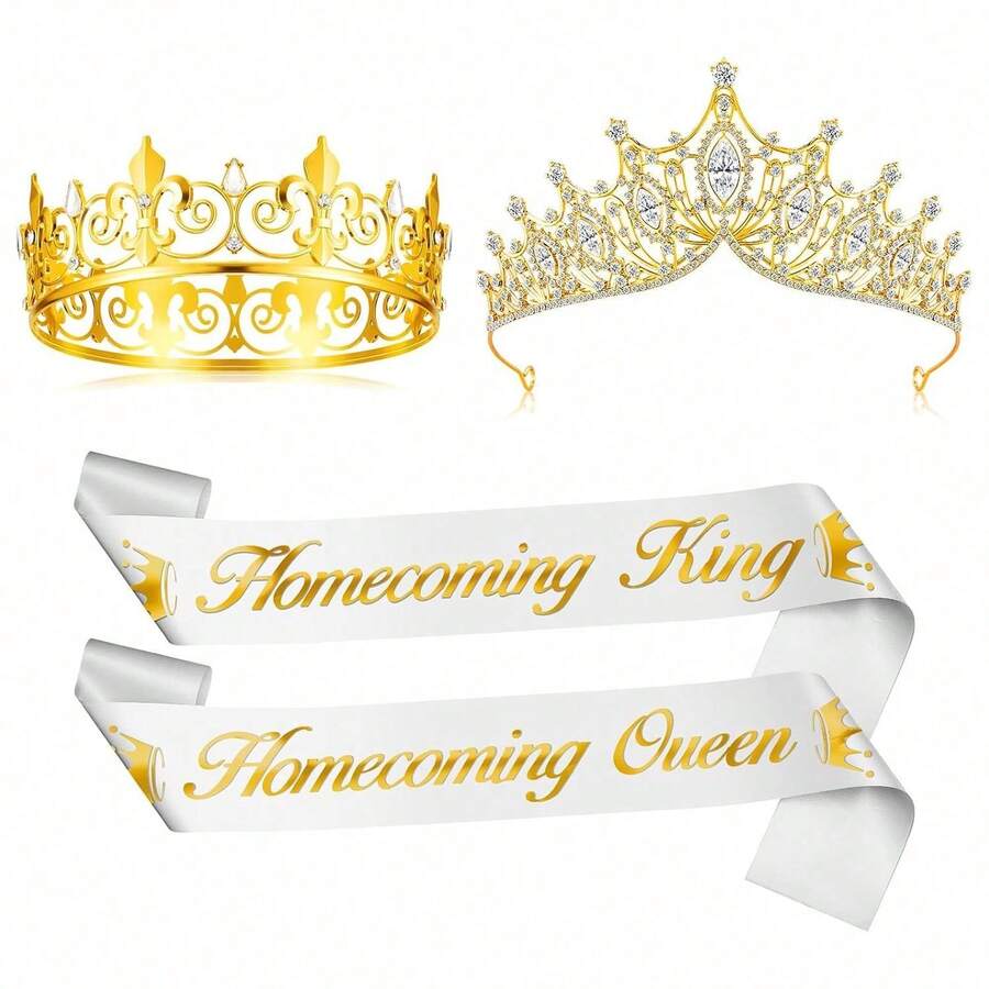 2同学聚会王子公主皇冠腰带+2球场腰带缎面腰带国王王后服装配饰毕业男女成人皇冠派对服装生日 - 多色 - 查看 1