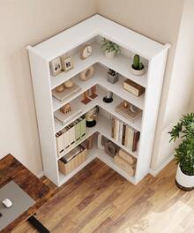 Corner Bookshelf 72.8in Farmhouse Bookcase Large Bookshelf Wood Bookcase Tall 5 Tier Corner Shelf L Shaped Bookshelf Storage Display Rack Living Room Bedroom - trắng - Xem 5
