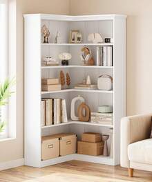 Corner Bookshelf 72.8in Farmhouse Bookcase Large Bookshelf Wood Bookcase Tall 5 Tier Corner Shelf L Shaped Bookshelf Storage Display Rack Living Room Bedroom - trắng - Xem 6