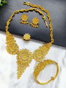 1 条项链、1 对耳环、1 条手链、1 枚戒指 - 4 件/套水晶镶嵌叶子主题镀金女士首饰套装，优雅时尚配饰适合婚礼、派对、约会、节日礼物、日常穿着 - 金黃色 - 查看 2