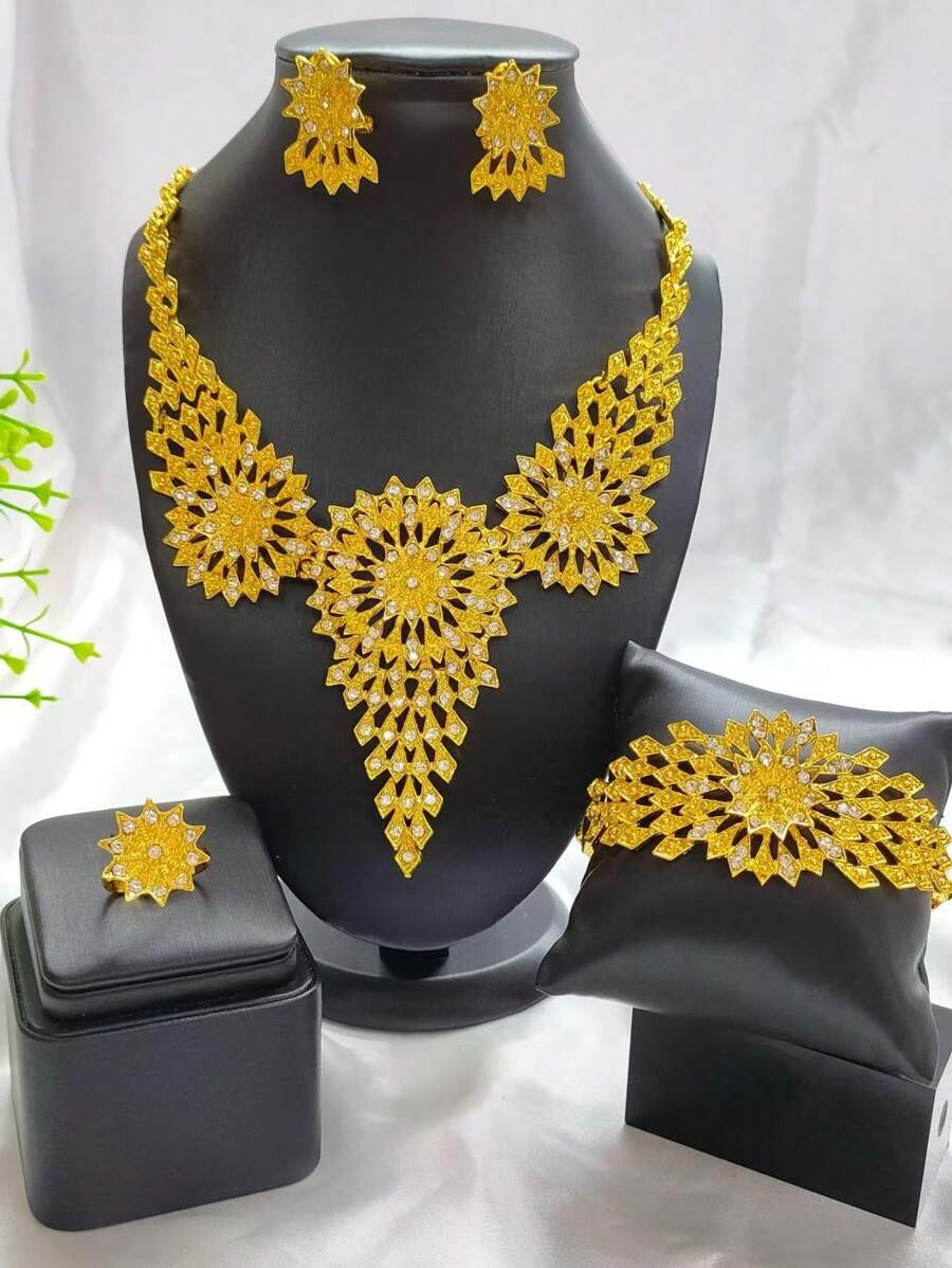 1 条项链、1 对耳环、1 条手链、1 枚戒指 - 4 件/套水晶镶嵌叶子主题镀金女士首饰套装，优雅时尚配饰适合婚礼、派对、约会、节日礼物、日常穿着 - 金黃色 - 查看 1